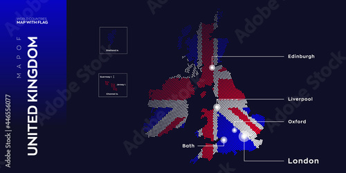 United kingdom map with flag info graphic. Abstract vector map of United kingdom with capital and major cities. Dots composition map on dark background. 