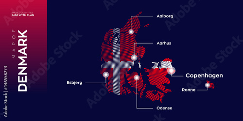 Denmark map with flag info graphic. Abstract vector map of Denmark with capital and major cities. Dots composition map on dark background. 