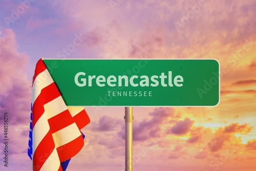 Greencastle - Tennessee/USA. Road or City Sign. Flag of the united states. Sunset Sky. photo