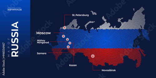 Russia map with flag info graphic. Abstract vector map of Russia with capital and major cities. Dots composition map on dark background. 