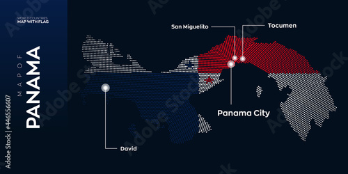 Panama map with flag info graphic. Abstract vector map of Panama with capital and major cities. Dots composition map on dark background. 