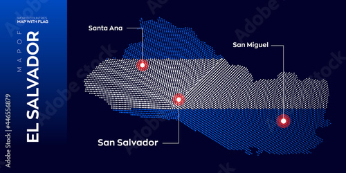 El Salvador map with flag info graphic. Abstract vector map of El Salvador with capital and major cities. Dots composition map on dark background. 