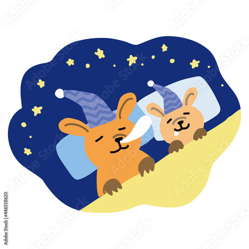 カンガルー　親子でベッドで眠るイラスト
