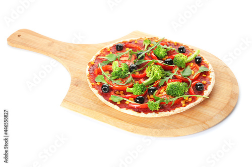 Board with tasty vegetarian pizza on white background