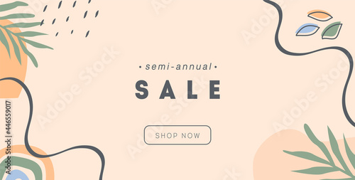Boho abstract horizontal banner template. Trendy minimal background with tropical palm leaves, rainbow, geometric shapes and brush lines. Vector semi-annual sale poster in flat style.