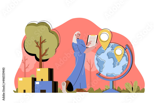 Delivery service concept. Woman operator sends parcels by world situation. Global logistics, express shipment people scene. Vector illustration with flat character design for website and mobile site