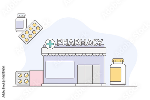 Medicine with Pharmacy or Drugstore Building with Pills in Blister Pack Line Vector Illustration