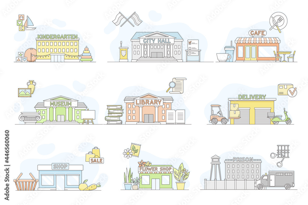 Municipal Services or City Services for Citizens with Library and City Hall Department Vector Set