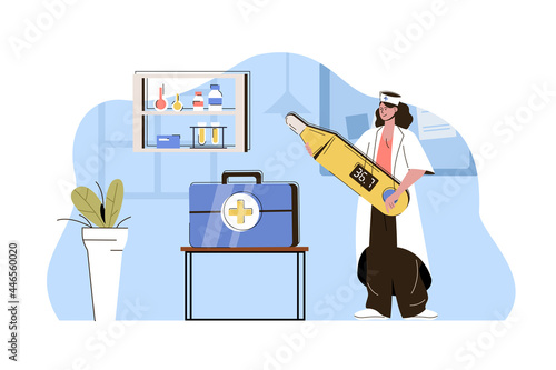 High quality medicine concept. Doctor measures temperature and provides first aid situation. Medical services people scene. Vector illustration with flat character design for website and mobile site