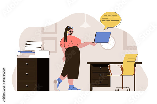 Information service concept. Operator communicates with customers, answers questions situation. Support center people scene. Vector illustration with flat character design for website and mobile site