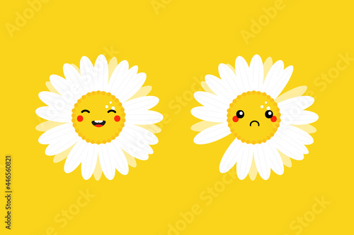 Set, collection of cute cartoon style happy and sad camomile, daisy flowers characters for nature design.
