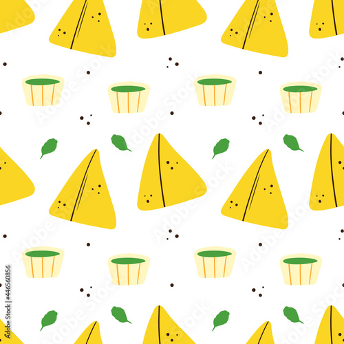 Cute cartoon style samosa, indian baked savory pastry with sauces and greenery vector seamless pattern background.
