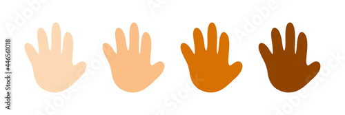 Cute cartoon style human hands, open palms with different skin colors set, collection. Vector peoples hands. High five or greeting gesture.