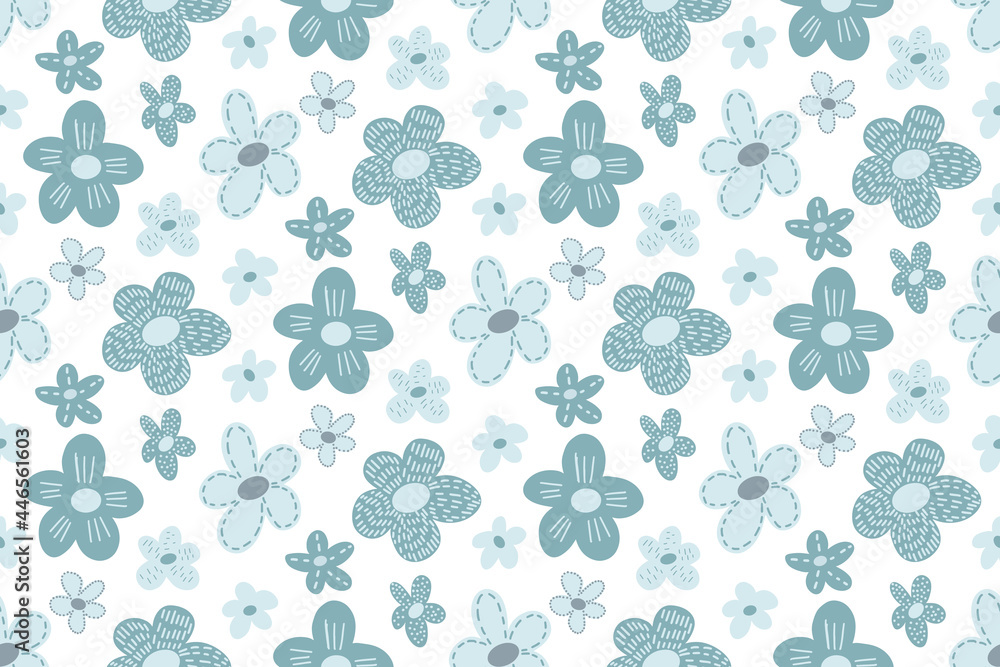 Cute ditsy floral seamless pattern with hand drawn doodle flowers in simple childish Scandinavian style on white. Limited pastel blue color palette. Beautiful tender kids vector background Cute ditsy floral seamless pattern with hand drawn doodle flowers in simple childish Scandinavian style on white. Limited pastel blue color palette. Beautiful tender kids vector background