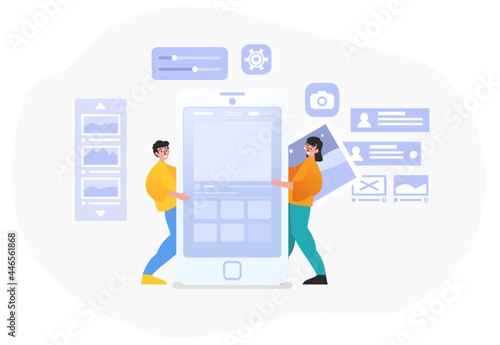 Mobile phone application, software development. Two people stand near big phone with various user interface elements. Modern vector illustration