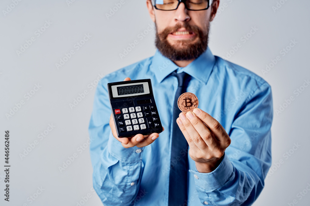 business man calculator cryptocurrency bitcoin electronic money business man calculator cryptocurrency bitcoin electronic money
