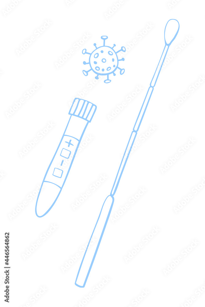Test tube, beaker with swab and molecule virus isolated on white background. Covid-19 test. Blood samples. Flu analysis for laboratory. Vector outline doodle illustration Test tube, beaker with swab and molecule virus isolated on white background. Covid-19 test. Blood samples. Flu analysis for laboratory. Vector outline doodle illustration