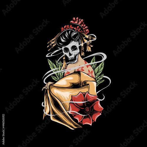 geisha with skull head, flowers and smoke illustration