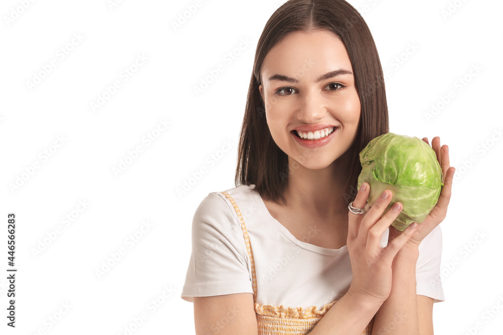 Young woman with fresh cabbage on white background Young woman with fresh cabbage on white background