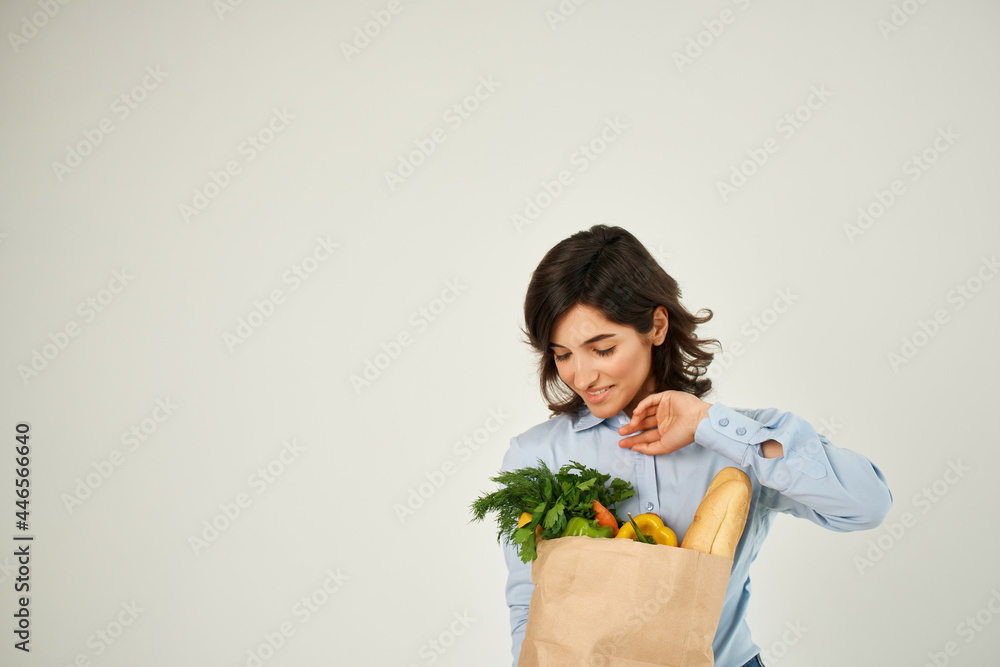 pretty brunette in blue shirt grocery bag organic food pretty brunette in blue shirt grocery bag organic food