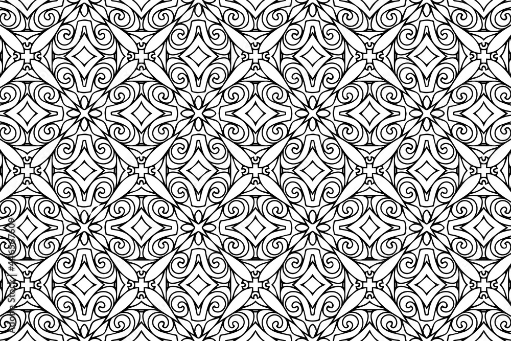 Ethnic pattern, geometric background. Oriental, Asian, Indian handmade style. Unique intricate isolated black white ornament. Template for creativity, coloring, design.