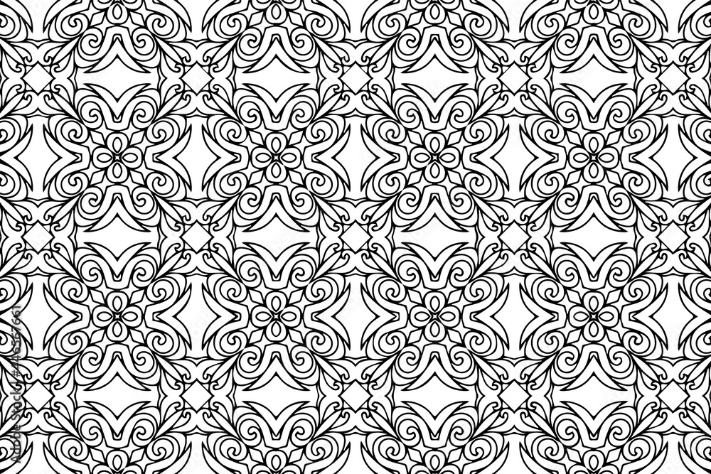 Ethnic pattern, geometric background. Oriental, Asian, Indian handmade style. Figured isolated black white ornament. Template for creativity, coloring, design.