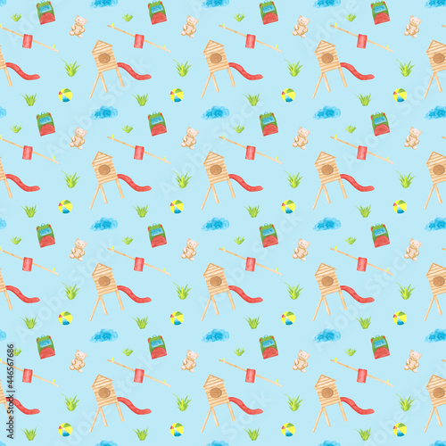 Watercolor preschool seamless pattern on a blue background. A ladder, a rucksack, a grass, a ball, a backpack, a cloud, and an open book illustration on an endless print. Kindergarten backdrop.