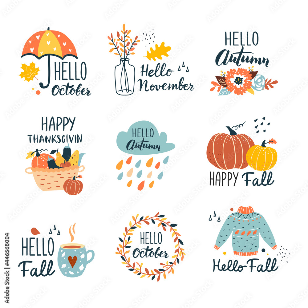 Fall collection with typographic design elements. Autumn wreath,  sweater, pumpkin, flowers. Hand drawn vector illustration