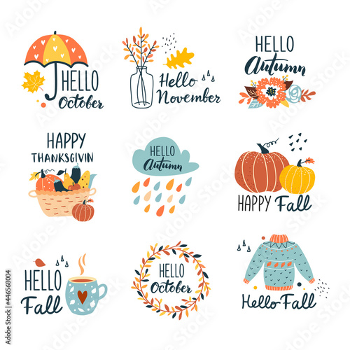 Fall collection with typographic design elements. Autumn wreath,  sweater, pumpkin, flowers. Hand drawn vector illustration