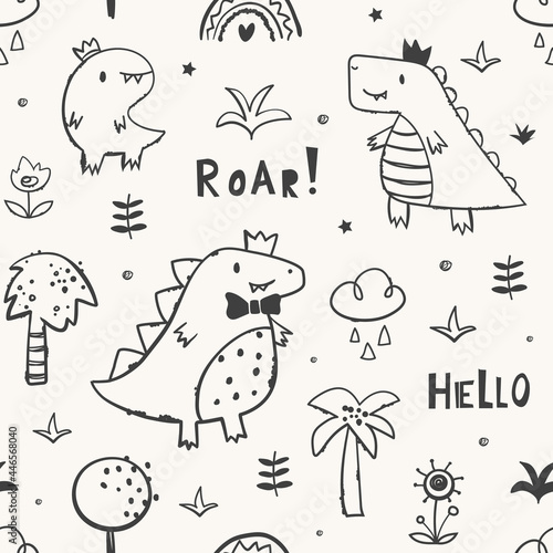 Childish seamless pattern with cute dinosaur family. Perfect for fabric, wallpaper, wrapping paper, textile. Hand drawn vector illustration