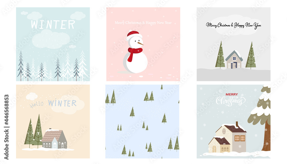 Fototapeta Cute set Christmas greeting card of winter wonderland landscape in village,Vector illustration backgroundof in countryside with farm house, snow man,snow flakes,Seamless pattern pine tree with snow