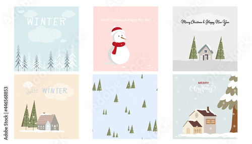 Cute set Christmas greeting card of winter wonderland landscape in village,Vector illustration backgroundof in countryside with farm house, snow man,snow flakes,Seamless pattern pine tree with snow