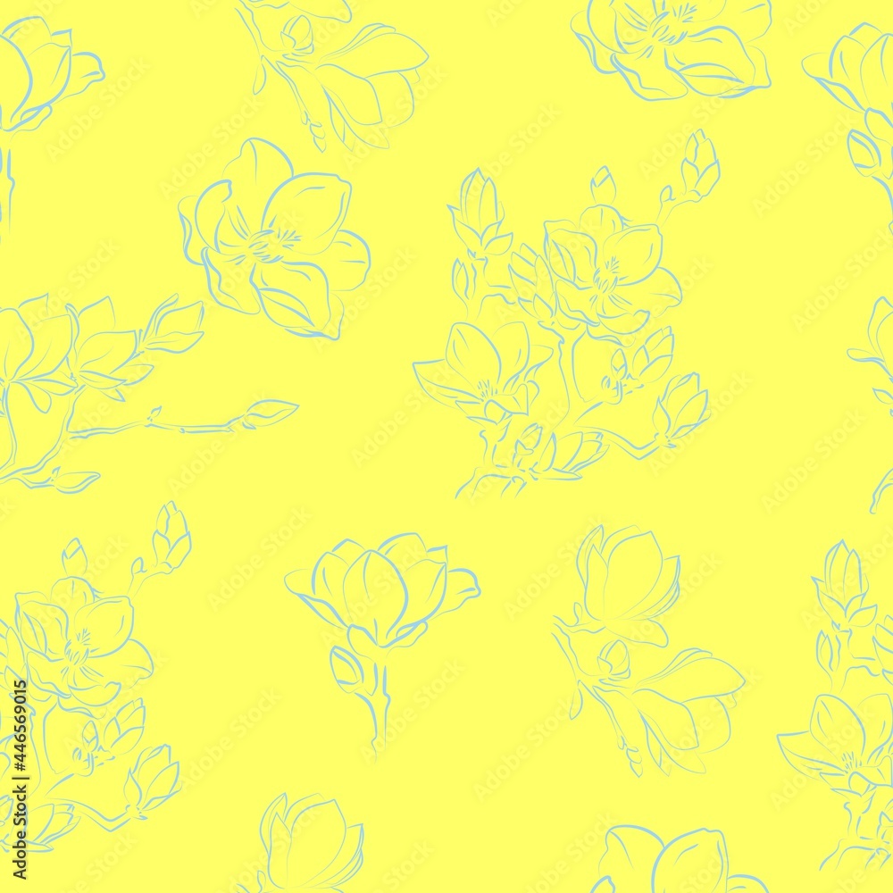 Elegant outline sketching of magnolia flowers, vector illustration, seamless pattern