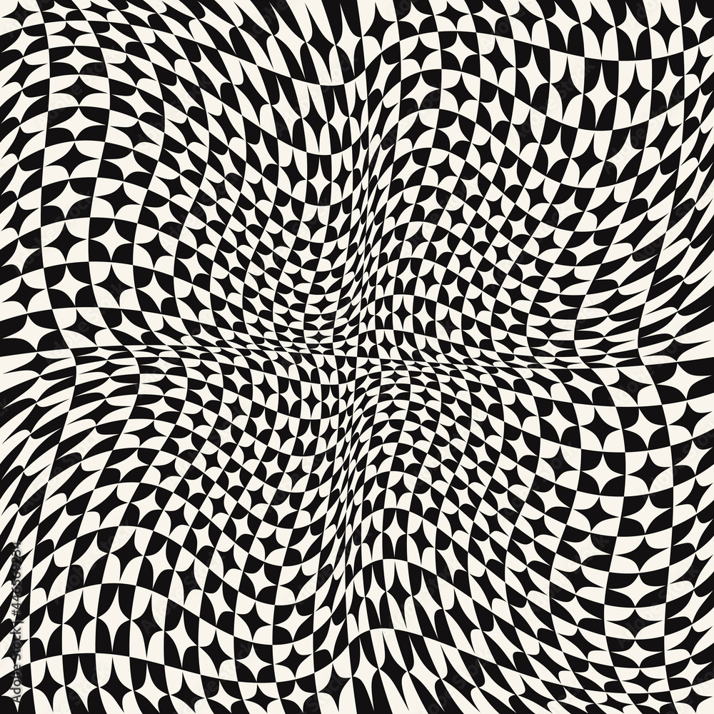 Checker squares and four rays wallpaper. Vector seamless chess pattern. Twisted and convex 3D shape canvas. Checker squares and four rays wallpaper. Vector seamless chess pattern. Twisted and convex 3D shape canvas.