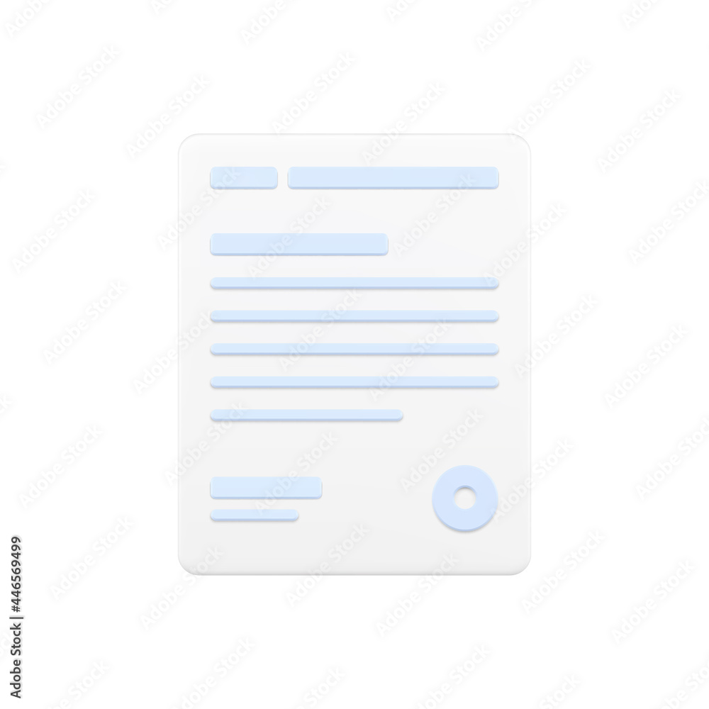 Business document 3d icon. White page with text lines and round stamp Business document 3d icon. White page with text lines and round stamp