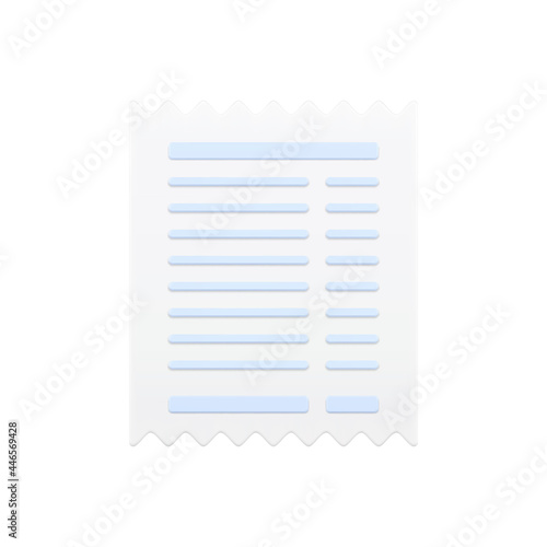 Sales receipt 3d icon. Paper pay slip with jagged ends