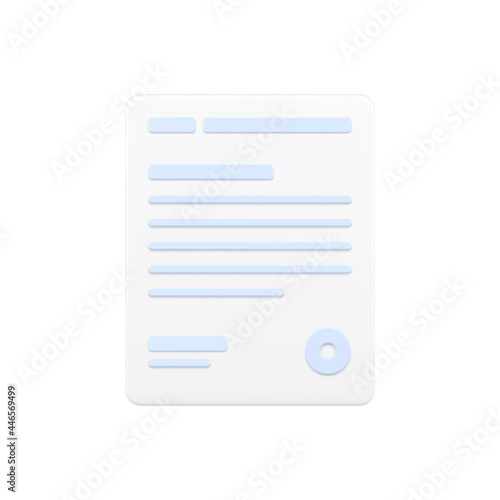 Business document 3d icon. White page with text lines and round stamp