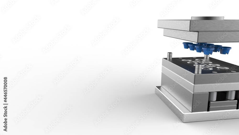 3D render of plastic moulding machine. Plastic injection moulding.Cups, boxes, toolboxes. The production process for Plastic injection mold. Used for the forming of plastic parts using polypropylene
3D render of plastic moulding machine. Plastic injection moulding.Cups, boxes, toolboxes. The production process for Plastic injection mold. Used for the forming of plastic parts using polypropylene