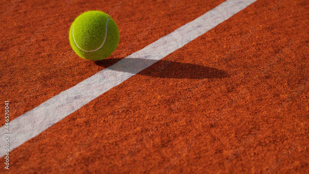Bright yellow tennis ball near the line of a clay court. Close up of tennis ball. low angle. Ideal for a slide presentation. Template. 3D rendering. Top view.