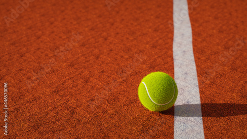 Bright yellow tennis ball near the line of a clay court. Close up of tennis ball. low angle. Ideal for a slide presentation. Template. 3D rendering. Top view. © EDOYO