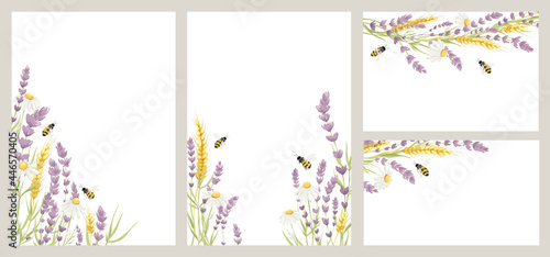 Birthday or Wedding invitation cards with honey plant. Vector design element, wreaths of lavender, chamomile, wheat ears and bee, medicinal herbs, calligraphy lettering. EPS 10.