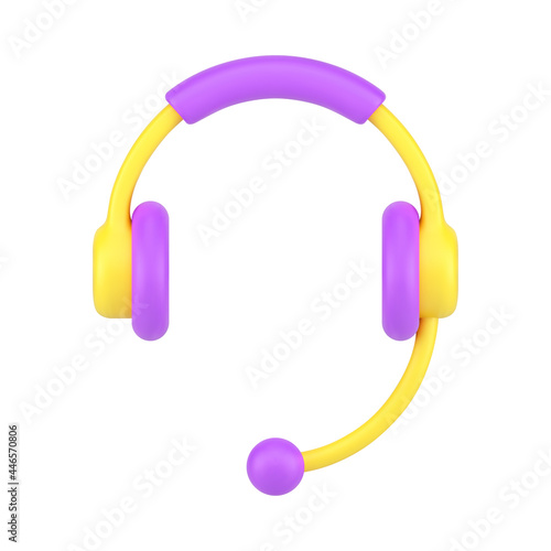 Professional headphones with microphone 3d icon. Yellow headset with purple accents