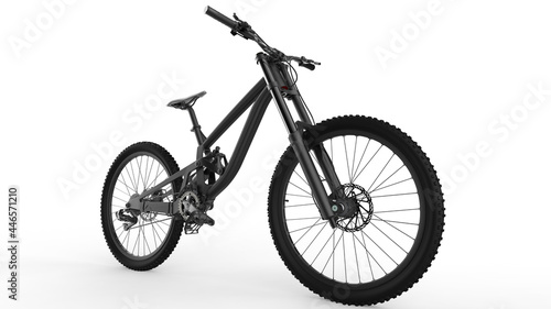 Black  dark gray  enduro carbon all mountain bike with full supsension and aluminum wheels. fully mountainbike for offroad bicycle extreme sport isolated on white background. dh  downhill biking. 