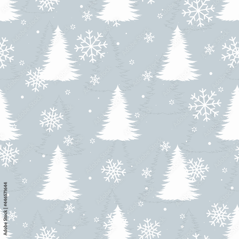 Seamless winter pattern with white pines and snow. Vector illustration for fabric print, textile, wallpaper, wrapping paper.