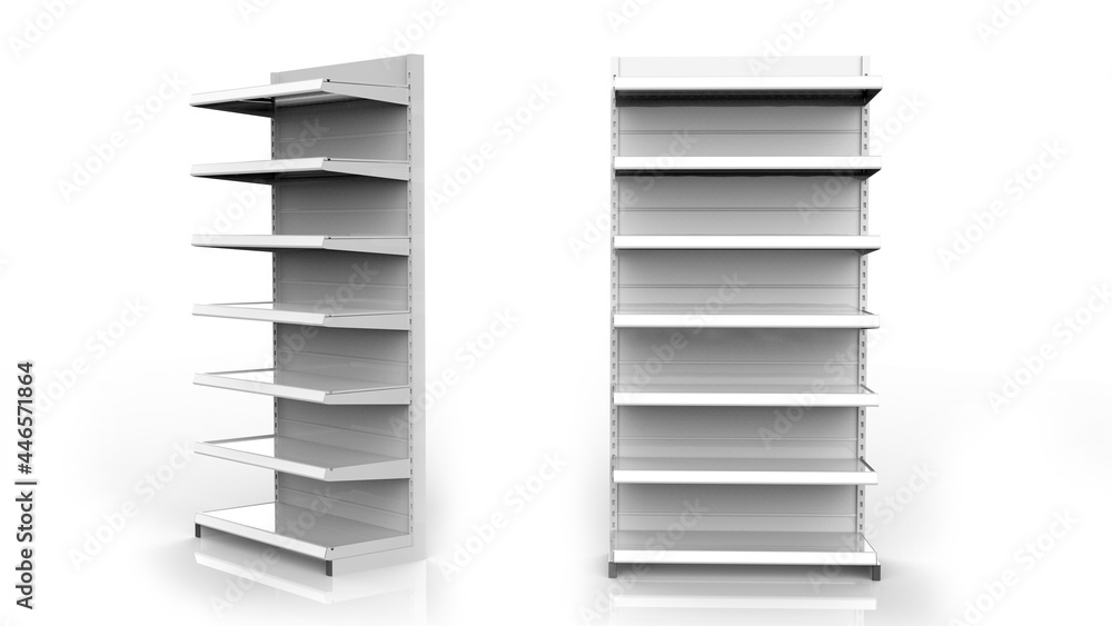 Set of white empty store shelves. Retail double shelf rack. Showcase display. Mockup template ready for your design. 3D rendering illustration. Isolated on white background. Gondola style.
Set of white empty store shelves. Retail double shelf rack. Showcase display. Mockup template ready for your design. 3D rendering illustration. Isolated on white background. Gondola style.