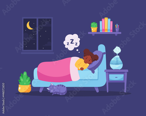 Little black girl sleeping in bedroom with air humidifier. Healthy sleep. Vector illustration © Amahce
