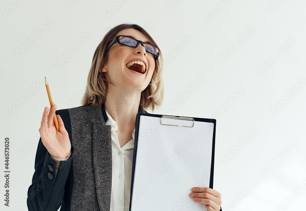 Business woman wearing glasses documents work advertisement Business woman wearing glasses documents work advertisement