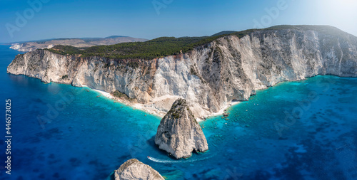 Aerial, panoramic view to the famous Mizithres rocks and beaches on the south coast of Zakynthos island, Greece