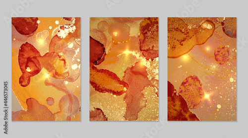 Marble set of gold and amber backgrounds with texture. Geode pattern with glitter. Abstract vector backdrops in fluid art alcohol ink technique. Modern paint with sparkles for banner, poster