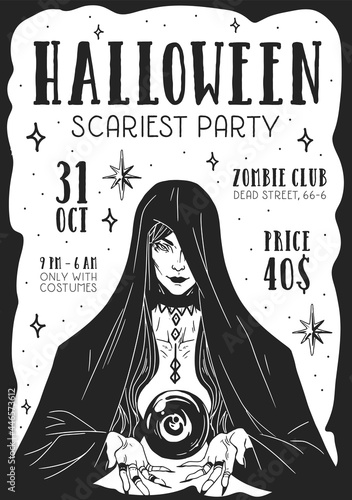 Design of Halloween scary party poster. Flyer for creepy event. Template of vertical ad banner with fortune teller and crystal ball. Black and white vector illustration of mystical holiday background